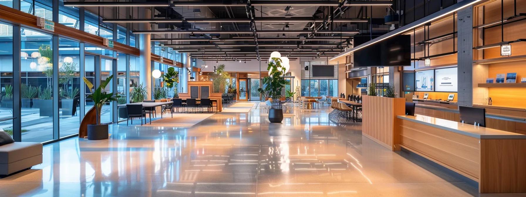 a sleek, modern office space showcases pristine surfaces and organized workstations, illuminated by bright overhead lights, emphasizing the effectiveness of high-quality commercial cleaning standards in promoting a healthy work environment.