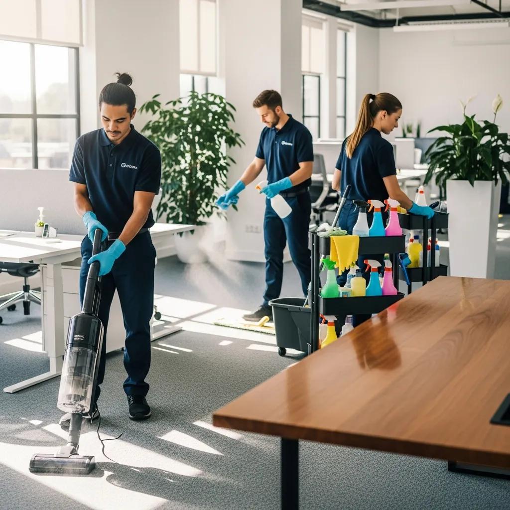 Professional commercial cleaners working in an office, highlighting cleaning services and teamwork